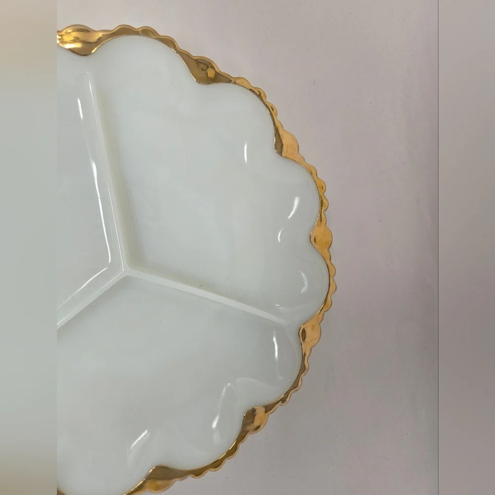 Anchor Hocking Fire-King Milk Glass-Gold Relish Cheese Cracker Dish 3 Sections